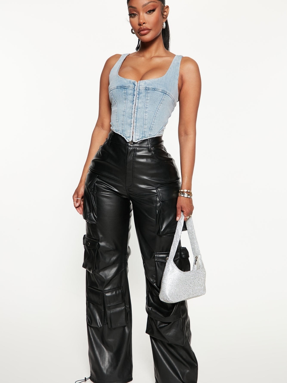 Fashion Nova Black Faux Leather Cargo Jeans